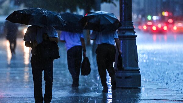 Прохожие на одной из улиц в Москве во время дождя