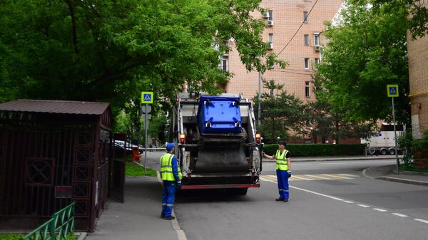 Сотрудники коммунальных служб во время уборки мусора в Москве