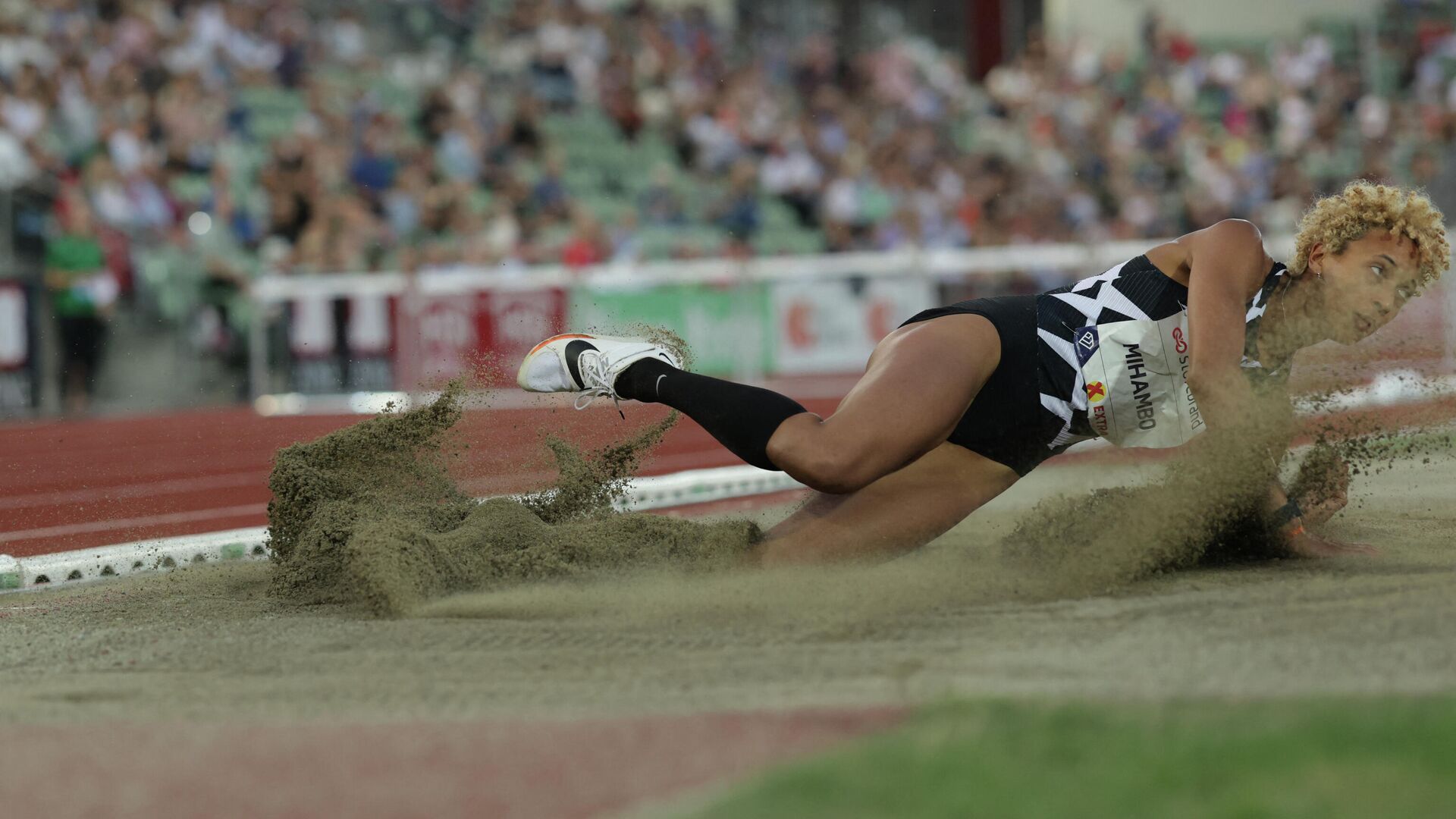 Malaika MIHAMBO from Germany competes in the long jump women final at the Diamond League track and field meeting in Oslo on July 1, 2021. (Photo by STR / Diamond League AG) - РИА Новости, 1920, 02.07.2021