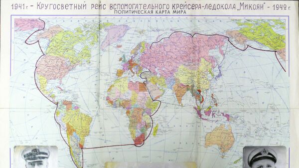 Карта с указанием пути кругосветного плавания ледокола А.Микоян, отрисованная участником похода, старшим мотористом Кузовым Николаем