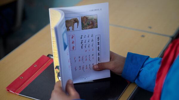 Ученик с учебником во время урока в деревне Саньцзяцзы, Китай