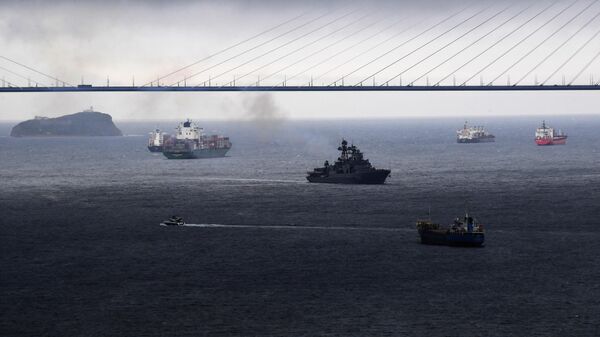 Большой противолодочный корабль (БПК) Адмирал Пантелеев в проливе Босфор Восточный под Русским мостом во Владивостоке