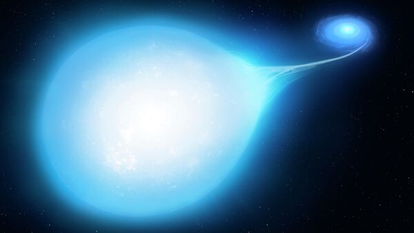 Художественное представление звездной системы HD265435. На переднем плане - каплевидная звезда-субкарлик, вещество которой падает на белый карлик