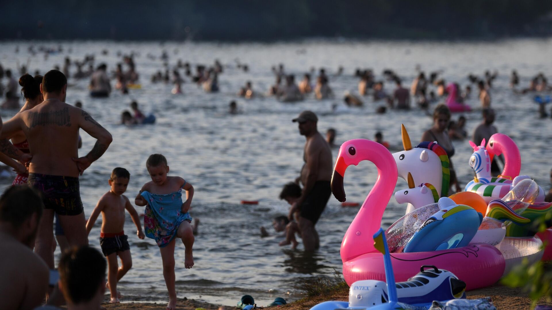 Люди отдыхают на пляже на берегу Белого озера на территории природно-исторического парка Косинский в Москве - РИА Новости, 1920, 16.07.2021