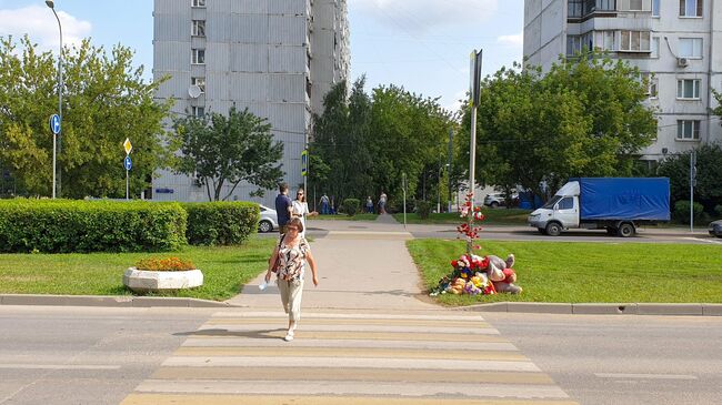 Цветы в память о погибших детях на месте ДТП на пешеходном переходе на улице Авиаторов в Москве