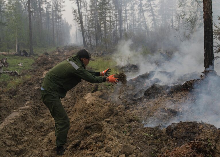 Люди копают траншеи во время тушение лесных пожаров в Якутии