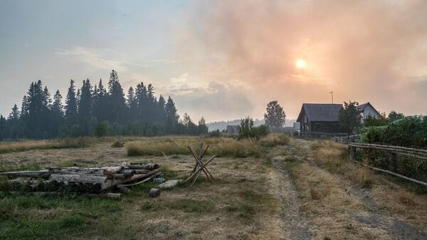Смог от лесных пожаров в деревне Руга в Пряжинском районе Карелии