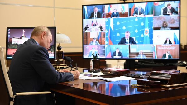 Президент РФ Владимир Путин проводит совещание с членами правительства РФ в режиме видеоконференции