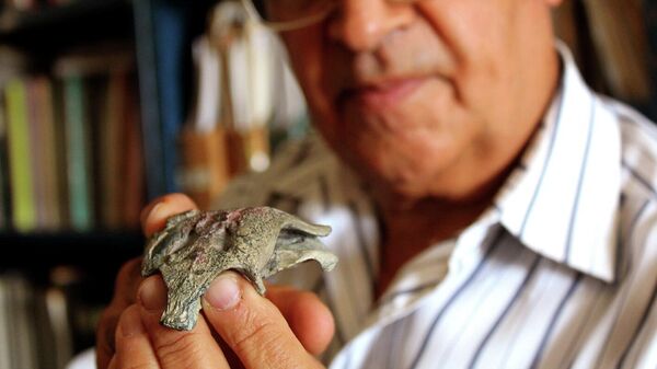 Палеонтолог Фернандо Новас держит ископаемый череп Burkesuchus mallingrandensis в Буэнос-Айресе, Аргентина