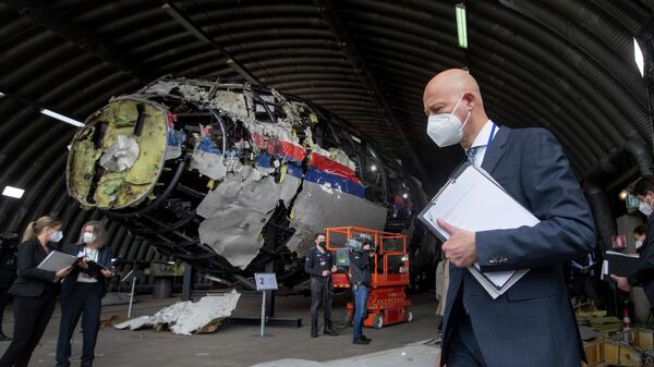 Председательствующий судья Хендрик Стинхейс осматривает обломки рейса MH17 авиакомпании Malaysia Airlines на авиабазе Гильзе-Рейен, Нидерланды