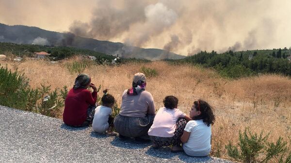 Местные жители наблюдают за приближающимся к их домам лесным пожаром в городе Манавгате