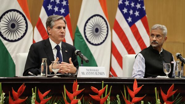 Госсекретарь США Энтони Блинкен и министр иностранных дел Индии Субраманьям Джайшанкар во время пресс-конференцию в Нью-Дели