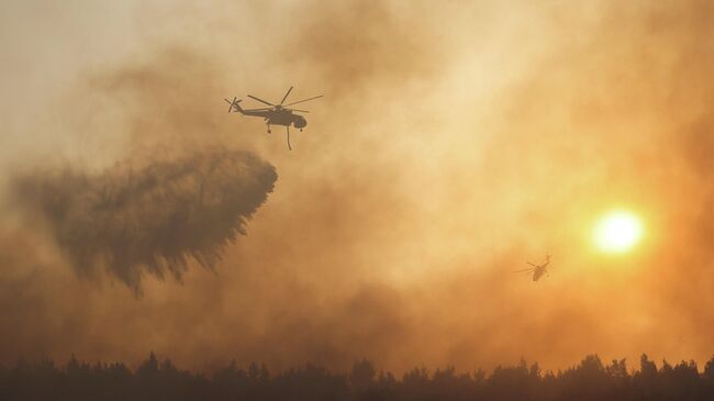 Пожарный вертолет во время тушения лесного пожара в пригороде Афин Варибоби