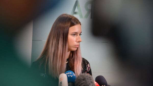 Белорусская легкоатлетка Кристина Тимановская во время пресс-конференции в Варшаве