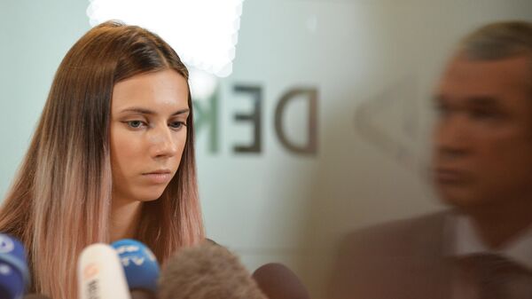 Белорусская легкоатлетка Кристина Тимановская во время пресс-конференции в Варшаве