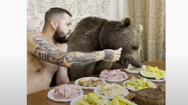 Мужчина и медведь ужинают в Саратове