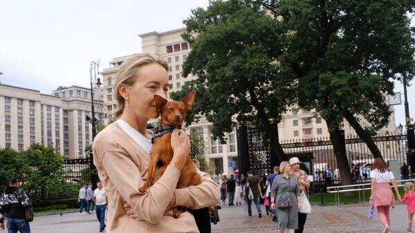Женщина с собакой породы чихуа гуляет в Александровском саду в Москве