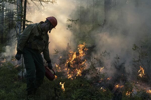 Сотрудник ФБУ Авиалесоохрана тушит лесной пожар в районе Хангаласский улус в Якутии