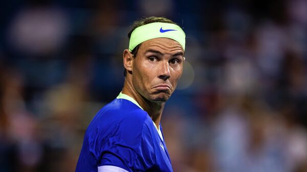 Aug 5, 2021; Washington, DC, USA; Rafael Nadal of Spain reacts after a play against Lloyd Harris of South Africa (not pictured) during the Citi Open at Rock Creek Park Tennis Center. Mandatory Credit: Scott Taetsch-USA TODAY Sports