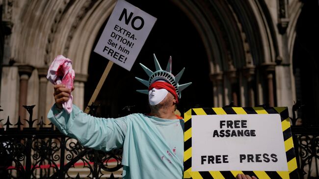 Сторонник основателя WikiLeaks Джулиана Ассанжа  во время заседания суда в Лондоне 