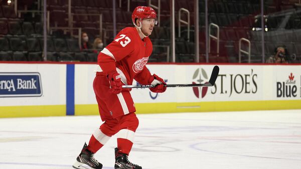 DETROIT, MICHIGAN - MARCH 11: Adam Erne #73 of the Detroit Red Wings skates against the Tampa Bay Lightning at Little Caesars Arena on March 11, 2021 in Detroit, Michigan.   Gregory Shamus/Getty Images/AFP (Photo by Gregory Shamus / GETTY IMAGES NORTH AMERICA / Getty Images via AFP)