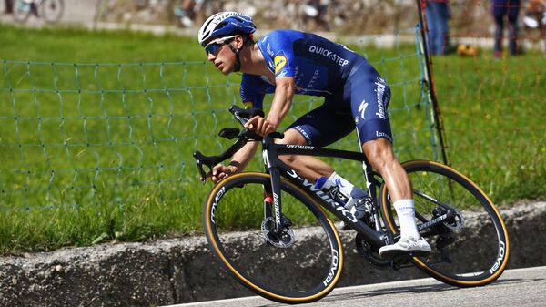 Team Deceuninck rider Portugal's Joao Almeida rides during the 19th stage of the Giro d'Italia 2021 cycling race, 166km between  Abbiategrasso and Alpe di Mera on May 28, 2021. (Photo by Luca Bettini / AFP)
