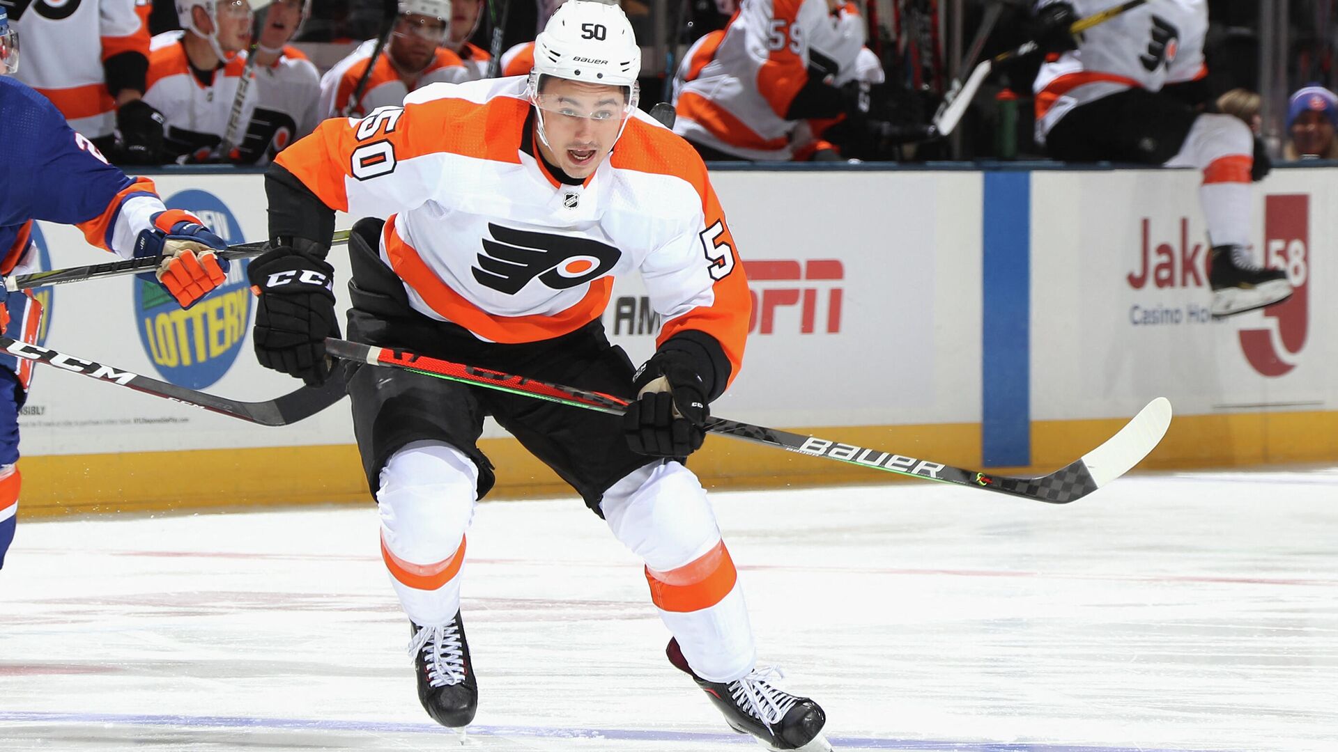 UNIONDALE, NEW YORK - SEPTEMBER 17: German Rubtsov #50 of the Philadelphia Flyers skates against the New York Islanders at the Nassau Veterans Memorial Coliseum on September 17, 2019 in Uniondale, New York. The Islanders defeated the Flyers 3-2 in overtime.   Bruce Bennett/Getty Images/AFP (Photo by BRUCE BENNETT / GETTY IMAGES NORTH AMERICA / Getty Images via AFP) - РИА Новости, 1920, 16.08.2021