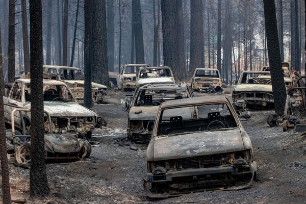 Уничтоженные лесным пожаром автомобили в Калифорнии