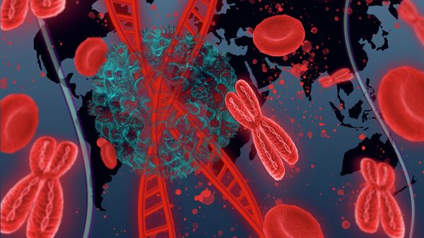 Молекула ДНК человека с коронавирусом на фоне карты мира