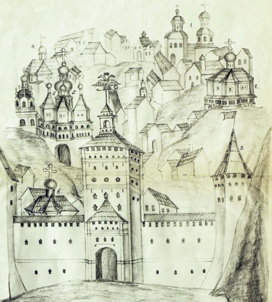 Вид Смоленска времен Петра I. Изображение с иконы святых Аврамия и Меркурия Смоленских
