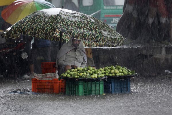 Продавец фруктов во время муссонных дождей в Праяградже, Индия 