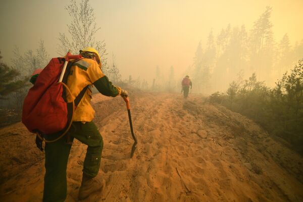 Сотрудники ФБУ Авиалесоохрана на месте тушения лесного пожара около поселка Сосновый бор в Республике Марий Эл