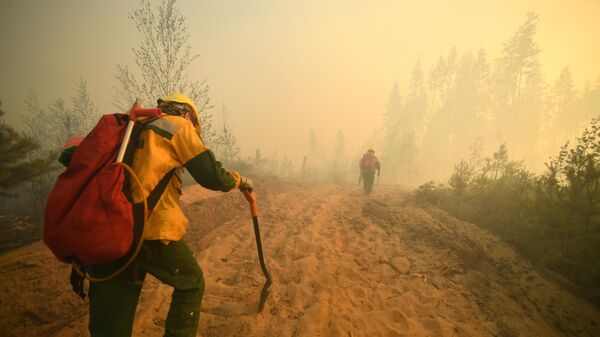 Сотрудники ФБУ Авиалесоохрана на месте тушения лесного пожара