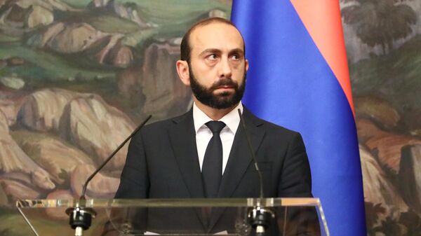 Министр иностранных дел Армении Арарат Мирзоян во время пресс-подхода в Москве