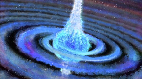 Художественное представление взрыва сверхновой, вызванного столкновением компактного объекта - черной дыры или нейтронной звезды - со своим звездным компаньоном