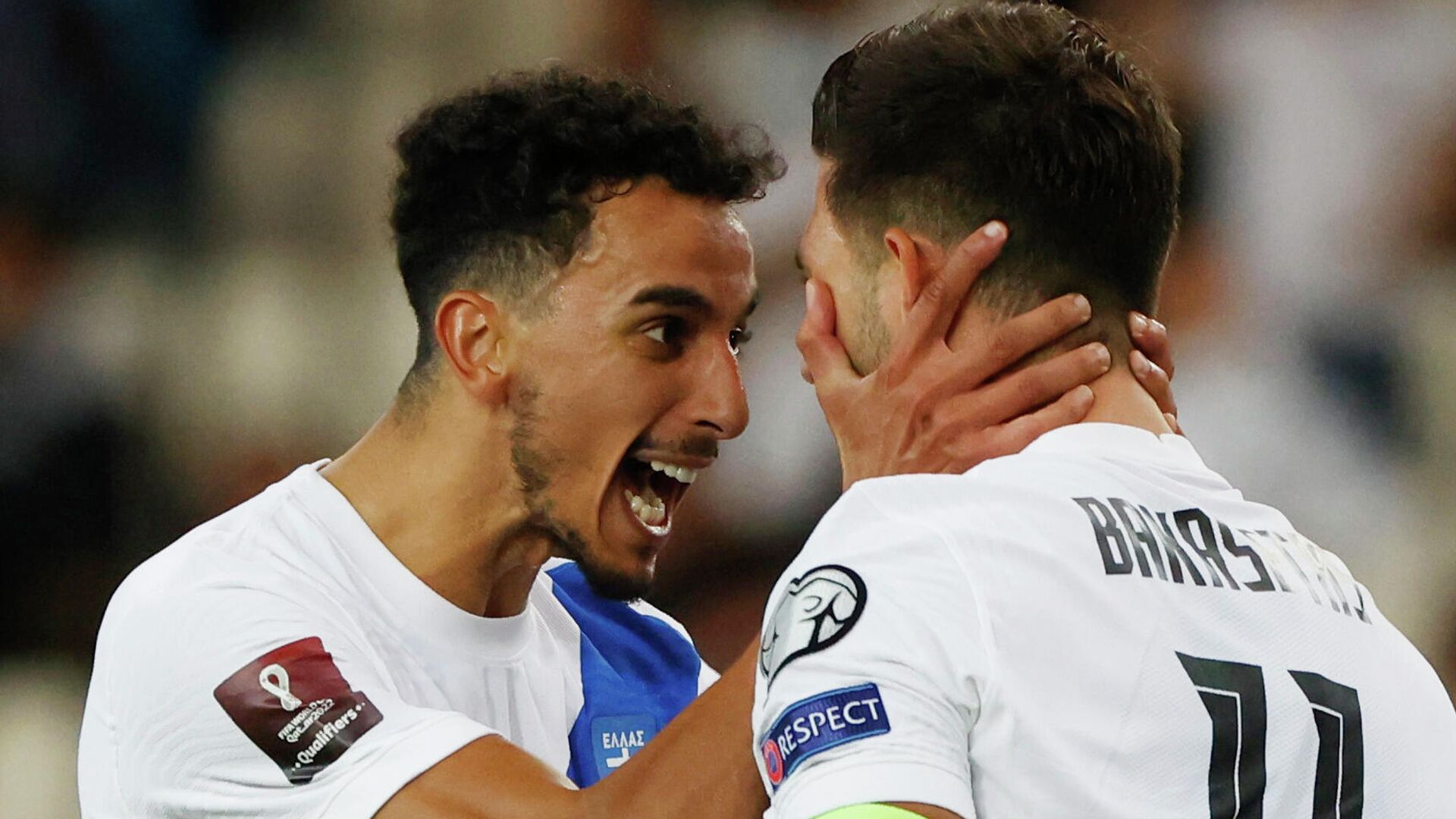 Soccer Football - World Cup - UEFA Qualifiers - Group B - Greece v Sweden - OAKA Spiros Louis, Athens, Greece - September 8, 2021 Greece's Anastasios Bakasetas celebrates scoring their first goal with Zeca REUTERS/Alkis Konstantinidis - РИА Новости, 1920, 08.09.2021