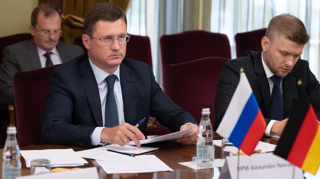 Заместитель председателя правительства РФ Александр Новак во время встречи с уполномоченным правительства ФРГ по вопросам газового транзита через Украину Георгом Графом Вальдерзее
