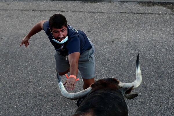 Первое после пандемии соревнование по бегу быков в испанской деревне Вильясека-де-ла-Сагра 