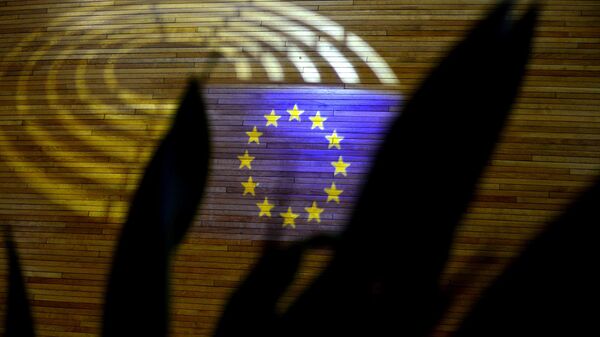 Световая проекция флага Европейского союза в здании Европарламента в Страсбурге