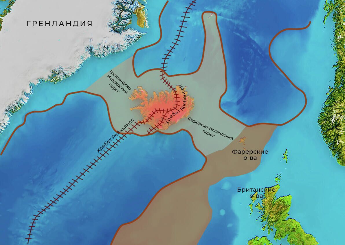 Предполагаемые границы континента Исландия (светло-бежевым) и Великая Исландия (светло- и темно-бежевым вместе), опустившегося под воду примерно десять миллионов лет назад, восстановленные по геофизическим данным  - РИА Новости, 1920, 20.09.2021