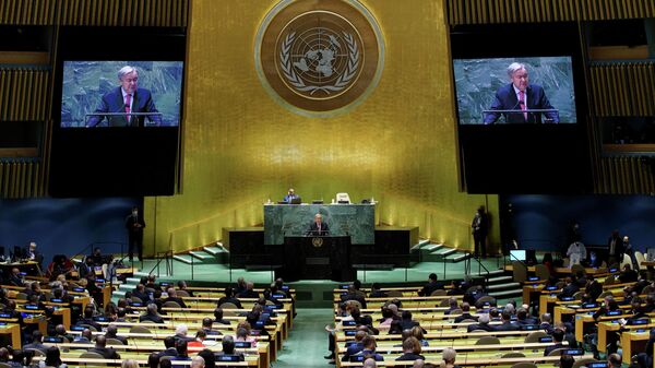 Генеральный секретарь ООН Антониу Гутерреш выступает на Генеральной Ассамблее в Нью-Йорке