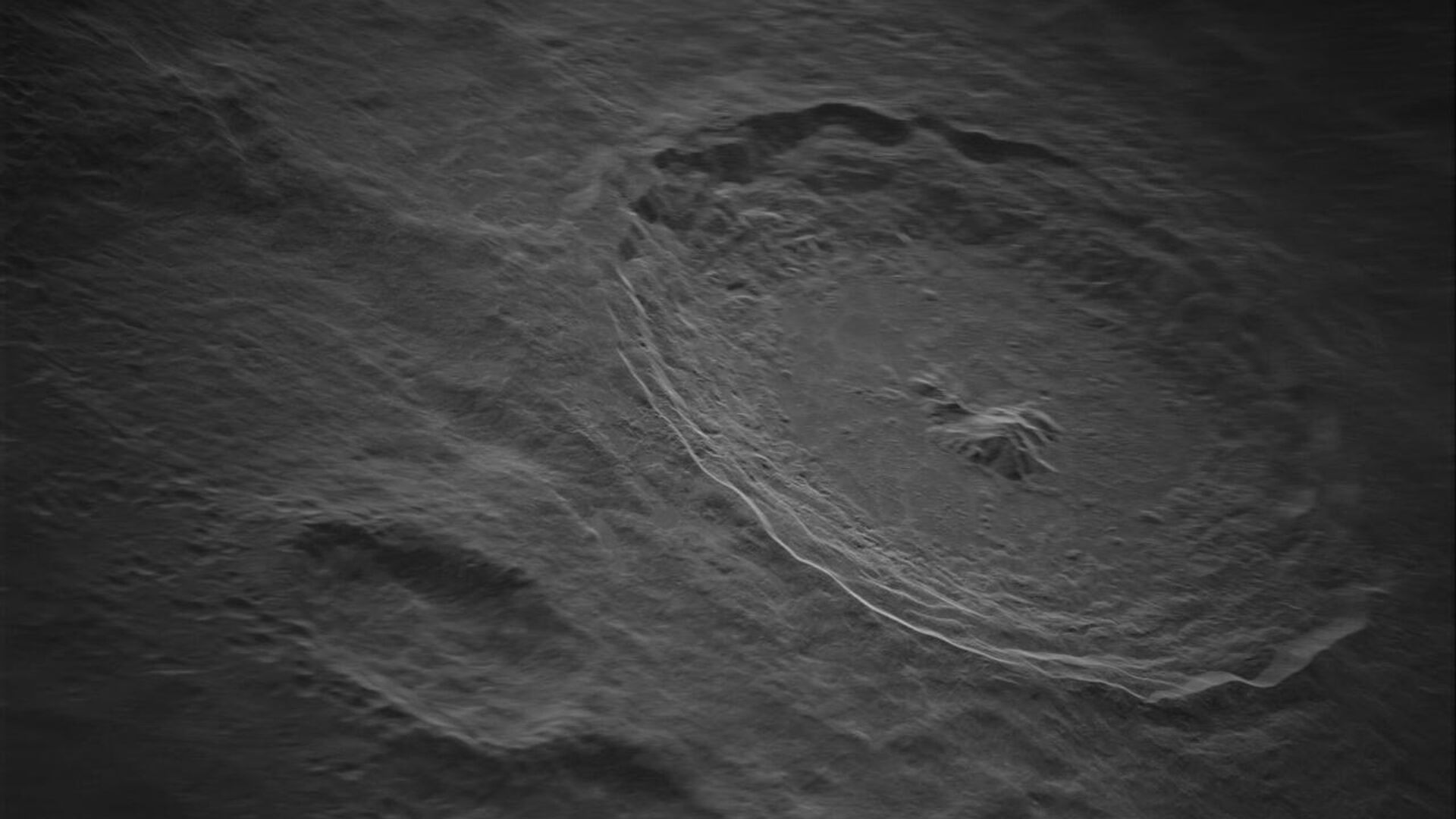Обработанное изображение лунного кратера Тихо с разрешением пять на пять метров. Изображение охватывает область размером 200 на 175 километров, вмещая практически полностью кратер Тихо диаметром 86 километров - РИА Новости, 1920, 21.09.2021