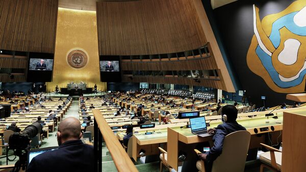 Президент Турции Тайип Эрдоган выступает на сессии Генеральной Ассамблеи ООН в Нью-Йорке