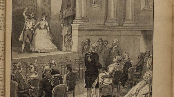 Екатерина слушает оперу в Эрмитажном театре. Гравюра из журнала Нива. 1798 год