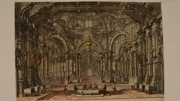 Проект театральной декорации, изображающий королевскую галерею. Галли-Бибиена Д., Амброджио Орио.  XVIII век