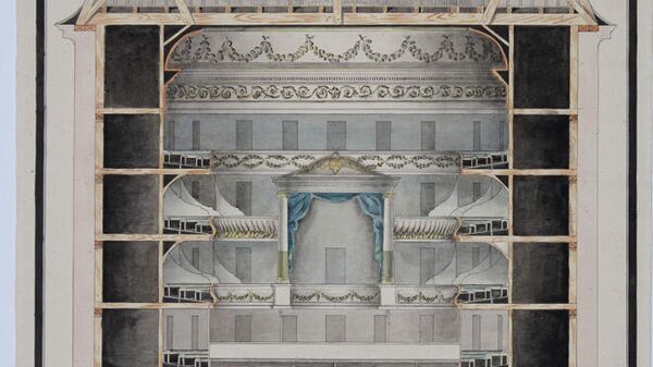 Поперечный разрез театра с видом на зрительный зал. Копия с чертежа 1780-х годов