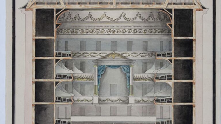 Поперечный разрез театра с видом на зрительный зал. Копия с чертежа 1780-х годов