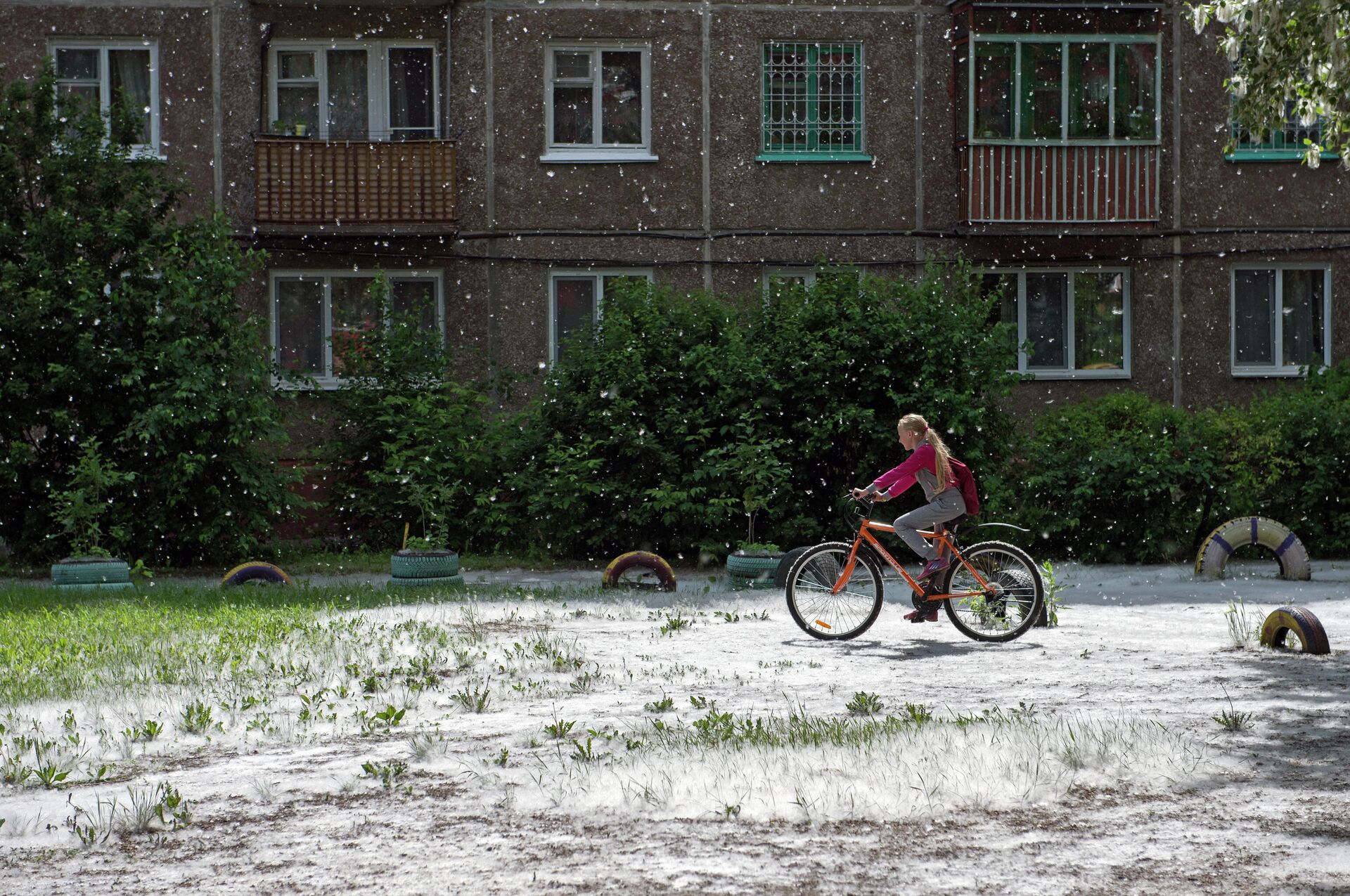 Девочка катается на велосипеде в одном из дворов, покрытых тополиным пухом - РИА Новости, 1920, 22.09.2021