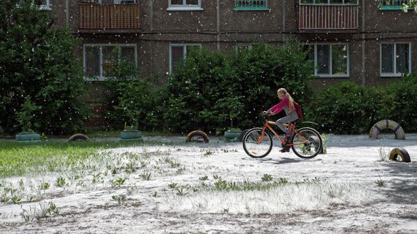 Девочка катается на велосипеде в одном из дворов, покрытых тополиным пухом