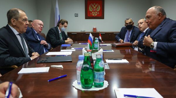 Министр иностранных дел РФ Сергей Лавров во время встречи с министром иностранных дел Арабской Республики Египет Самехом Шукри в рамках 76-й сессии Генеральной Ассамблеи ООН